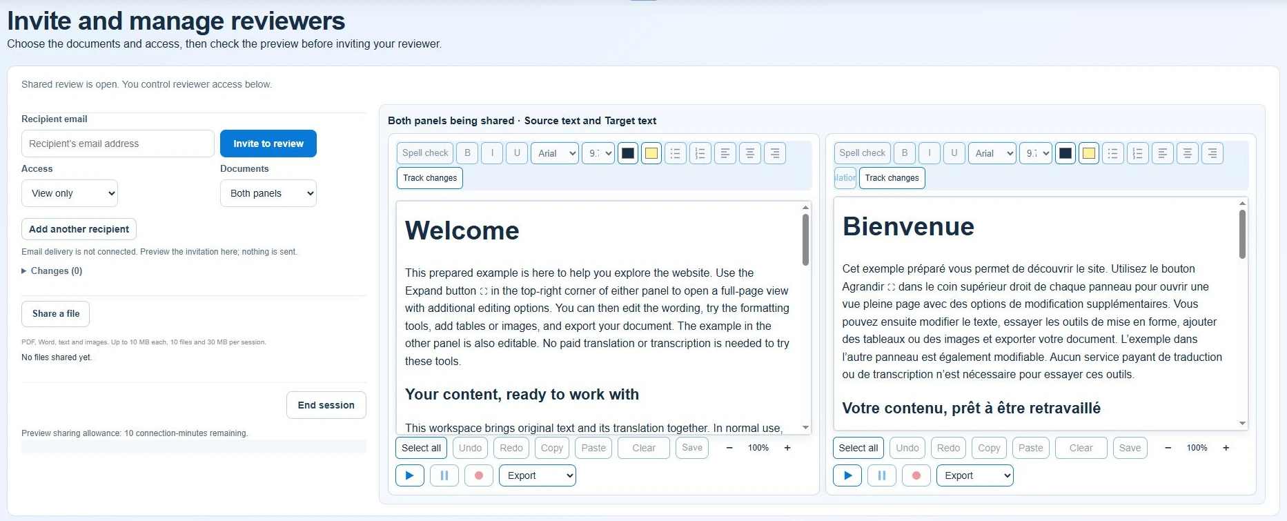 Small view of the actual English and French collaborative review workspace
