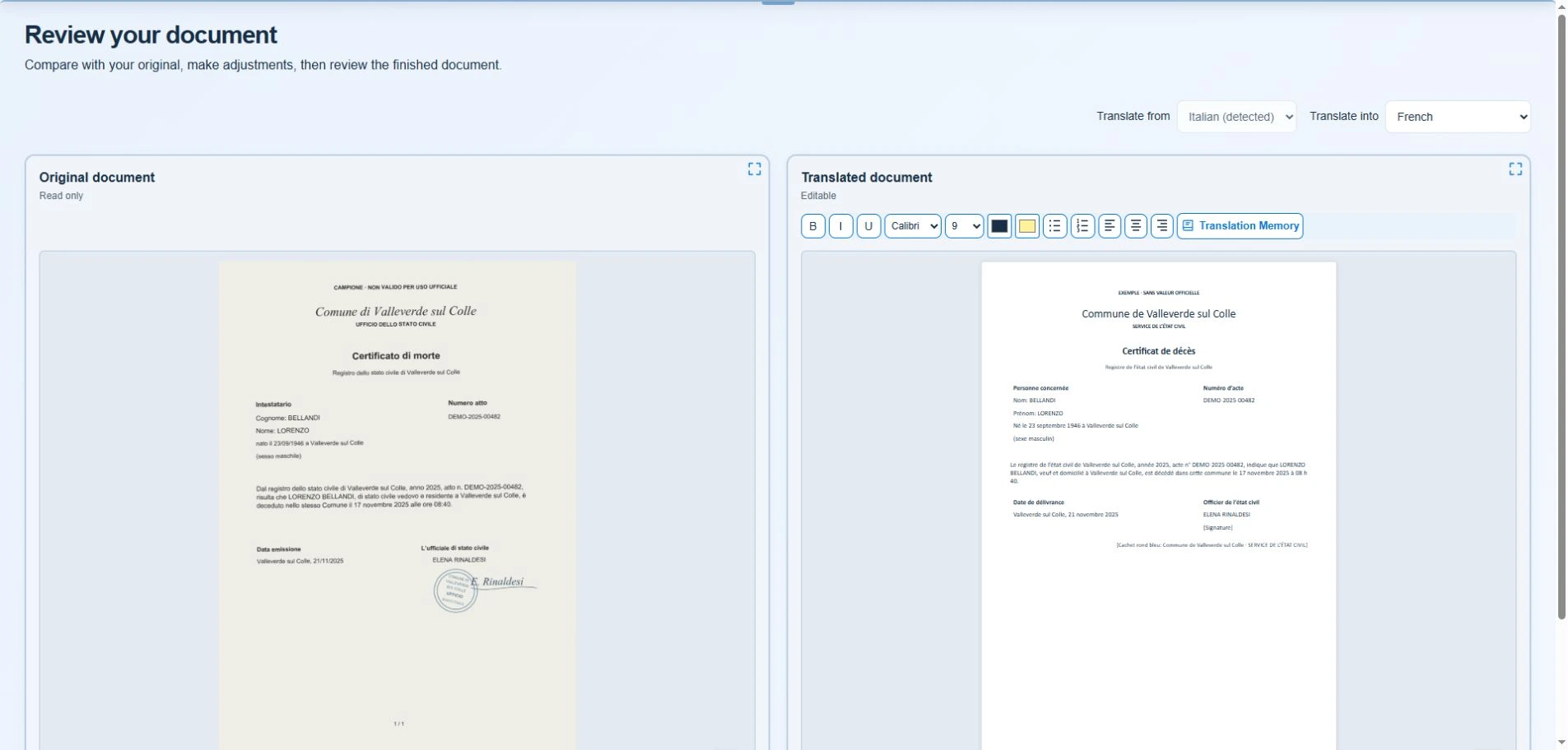 Small side-by-side view of original Italian and translated French documents